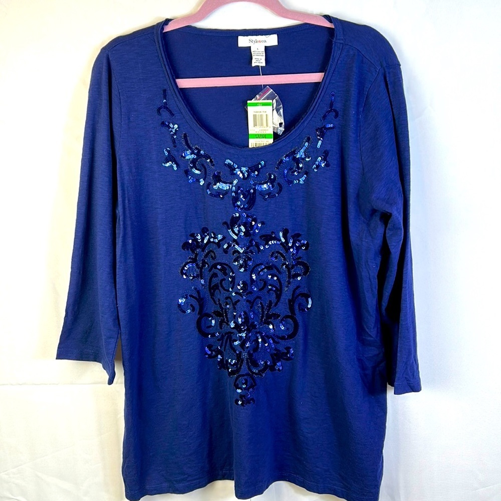 Style & Co Blue Sequin Shirt New 3/4 Sleeve